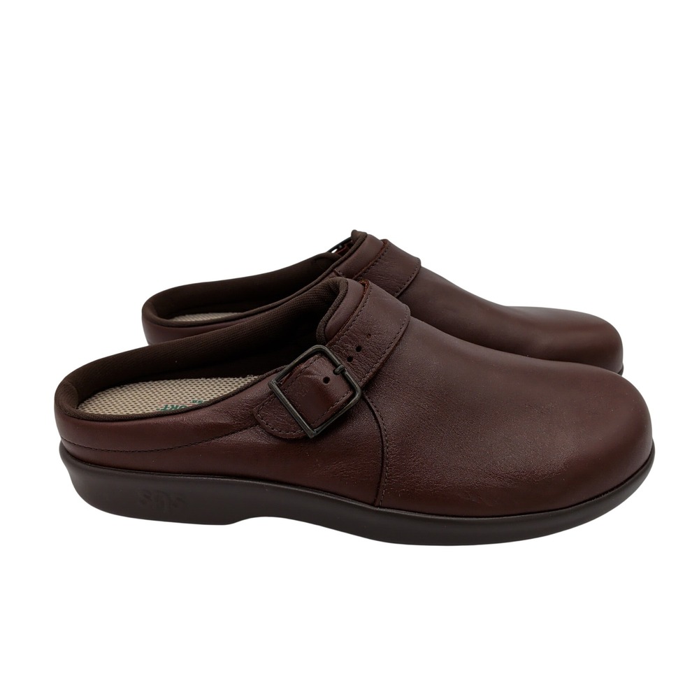 SAS Brown Leather Clog Mules Womens 10 M Tripad Comfort Buckle Made in USA